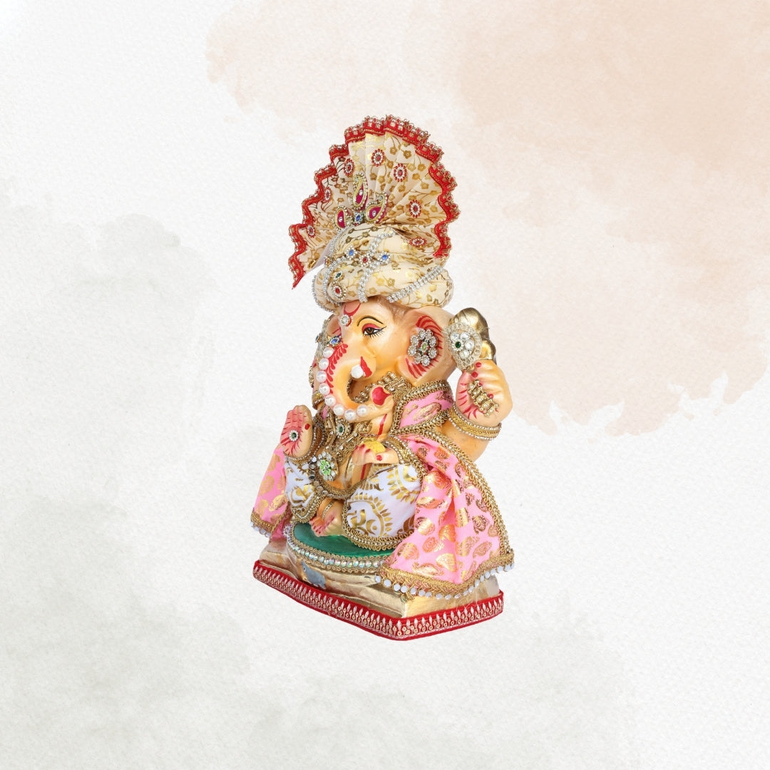 13 Inch – Elegant Cream & Gold Shadu Mitti Ganesha Idol with Royal Pagdi, Fan Crown & Floral Pearl Jewelry