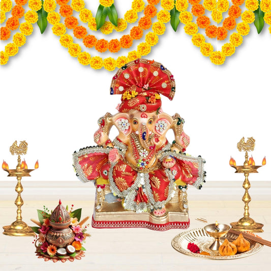 13 Inch β Traditional Red Shadu Mitti Ganesha Idol with Embroidered Crown, Vibrant Attire & Floral Ornaments