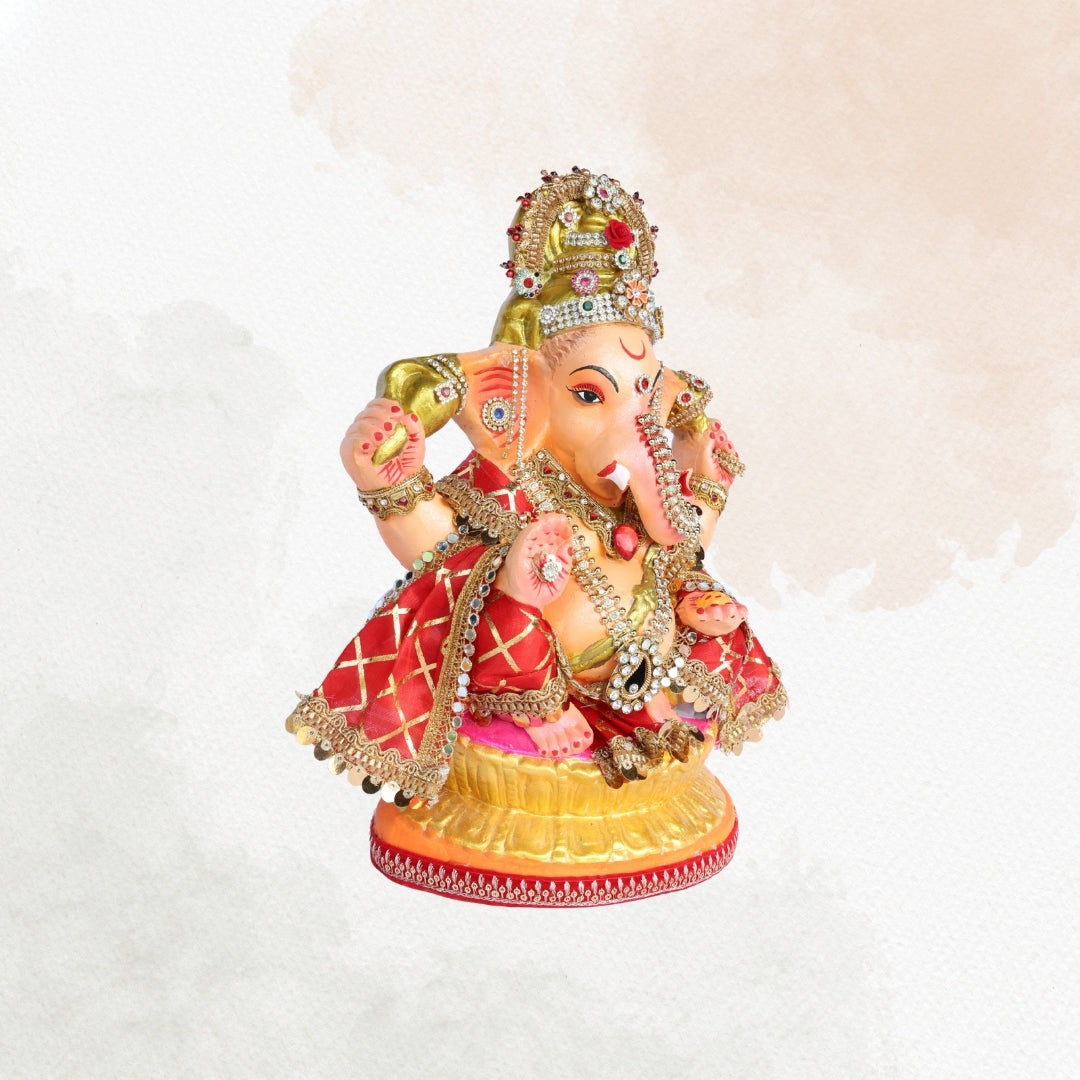 13 Inch – Royal Red Gold Ganesha Idol | Eco-Friendly Clay Murti with Embellished Crown & Velvet Drape