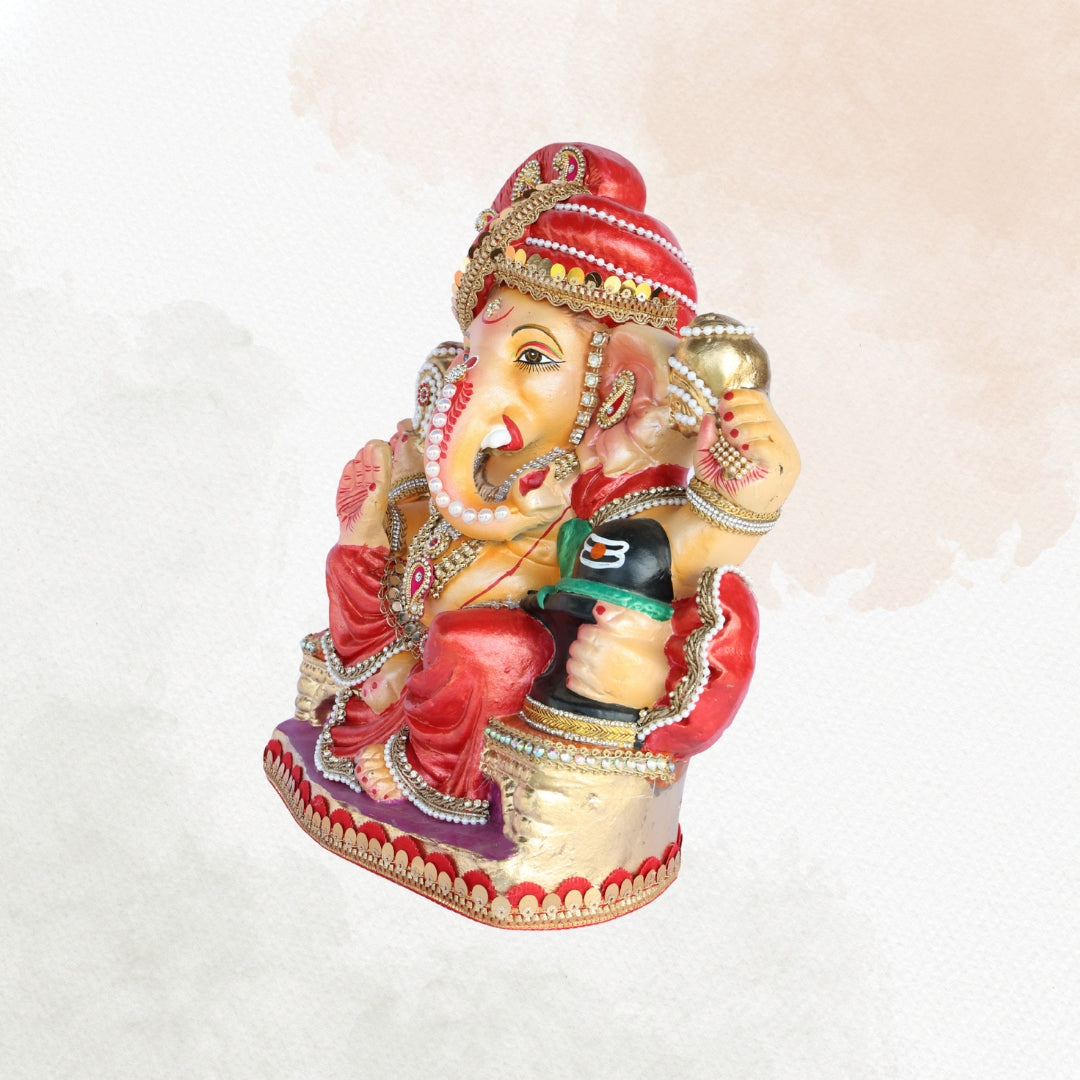 14 Inch – Divine Ganesha Idol with Shivling | Red Attire & Pagdi | Handcrafted Eco-Friendly Shadu Mitti Murti