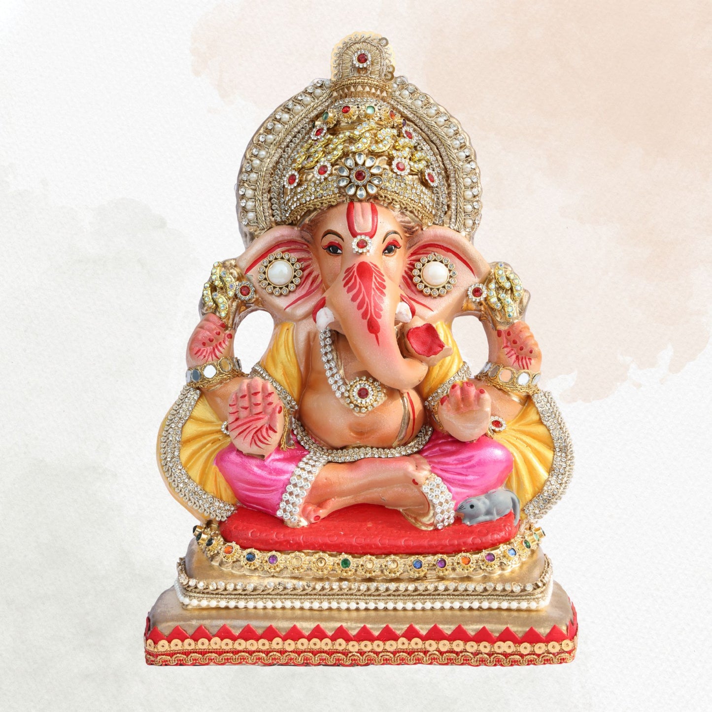 11 Inch – Elegant Seated Ganesha Idol in Pink & Yellow Attire | Shadu Mitti Eco-Friendly Clay Murti with Golden Beaded Crown & Pearl Accents
