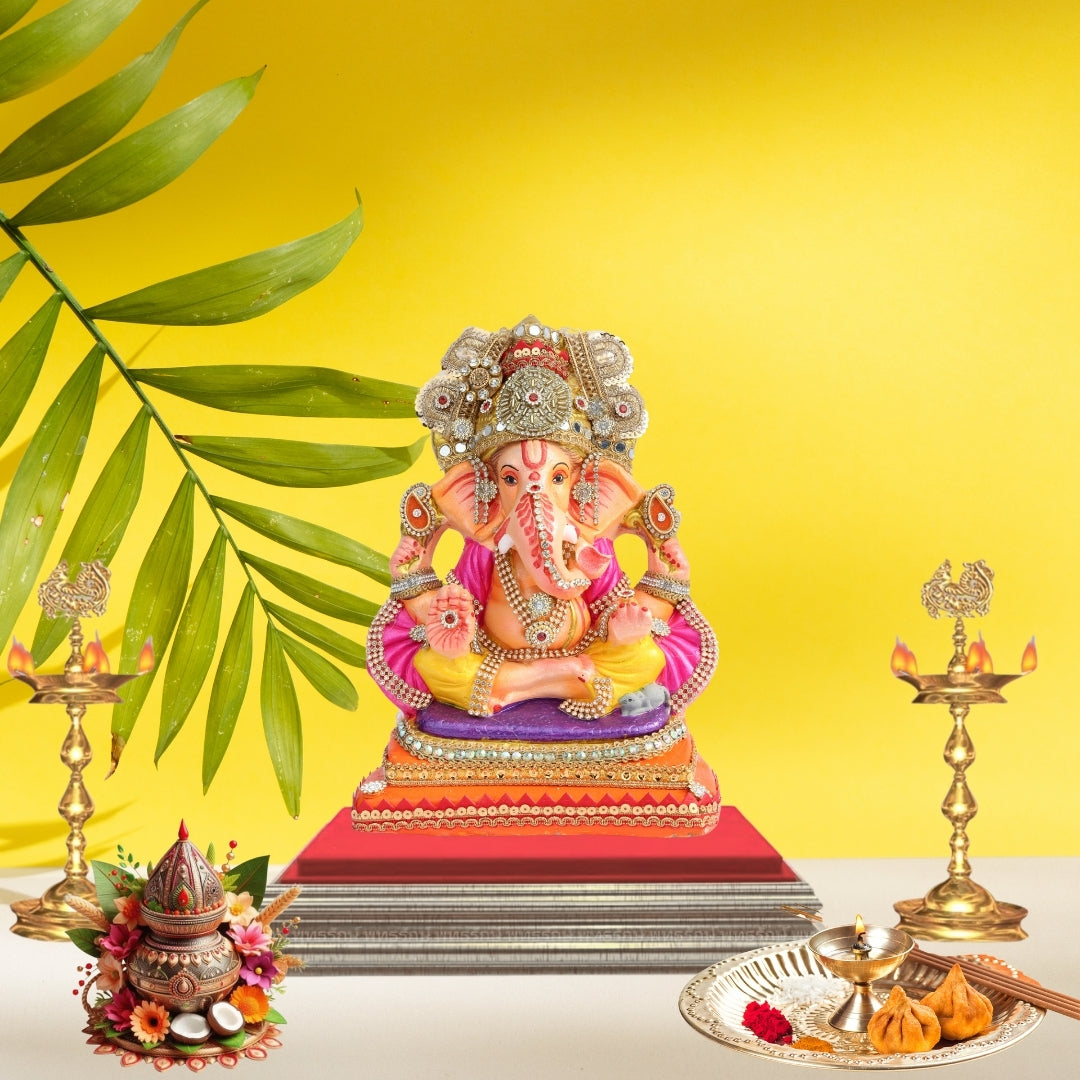 11 Inch – Vibrant Seated Ganesha Idol in Yellow Dhoti & Pink Shawl | Shadu Mitti Eco-Friendly Clay Murti with Grand Kundan Crown & Purple Base
