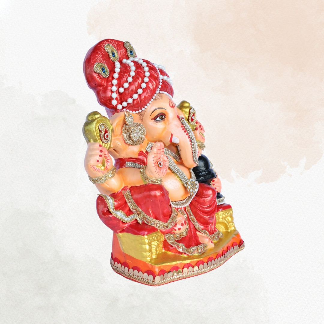 14 Inch – Traditional Seated Ganesha Idol in Red Attire with Red Pagdi | Eco-Friendly Shadu Mitti Murti Holding Shivling
