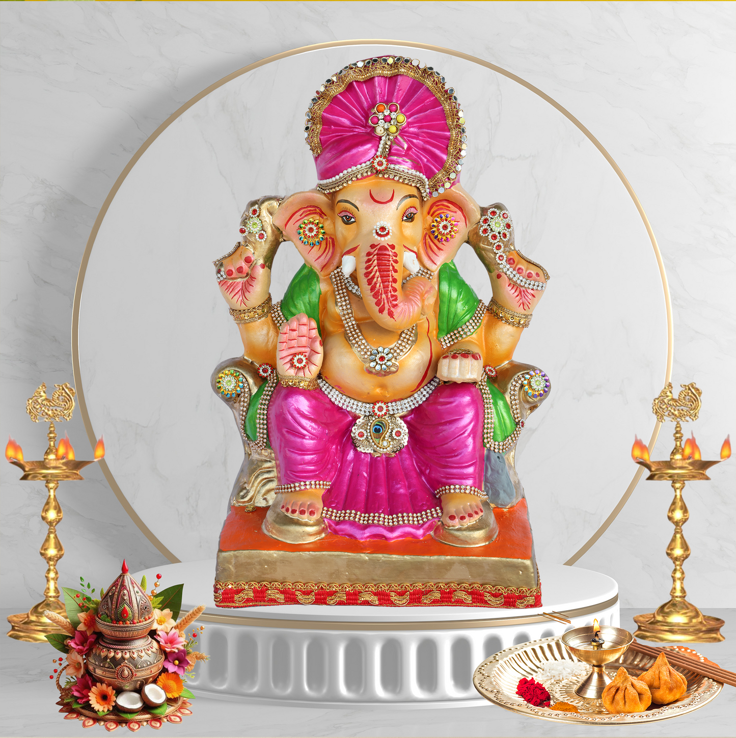 17 Inch – Seated Ganesha Idol in Rani Pink Attire | Eco-Friendly Shadu Mitti Murti with Fan-Style Pagdi & Kundan Jewelry