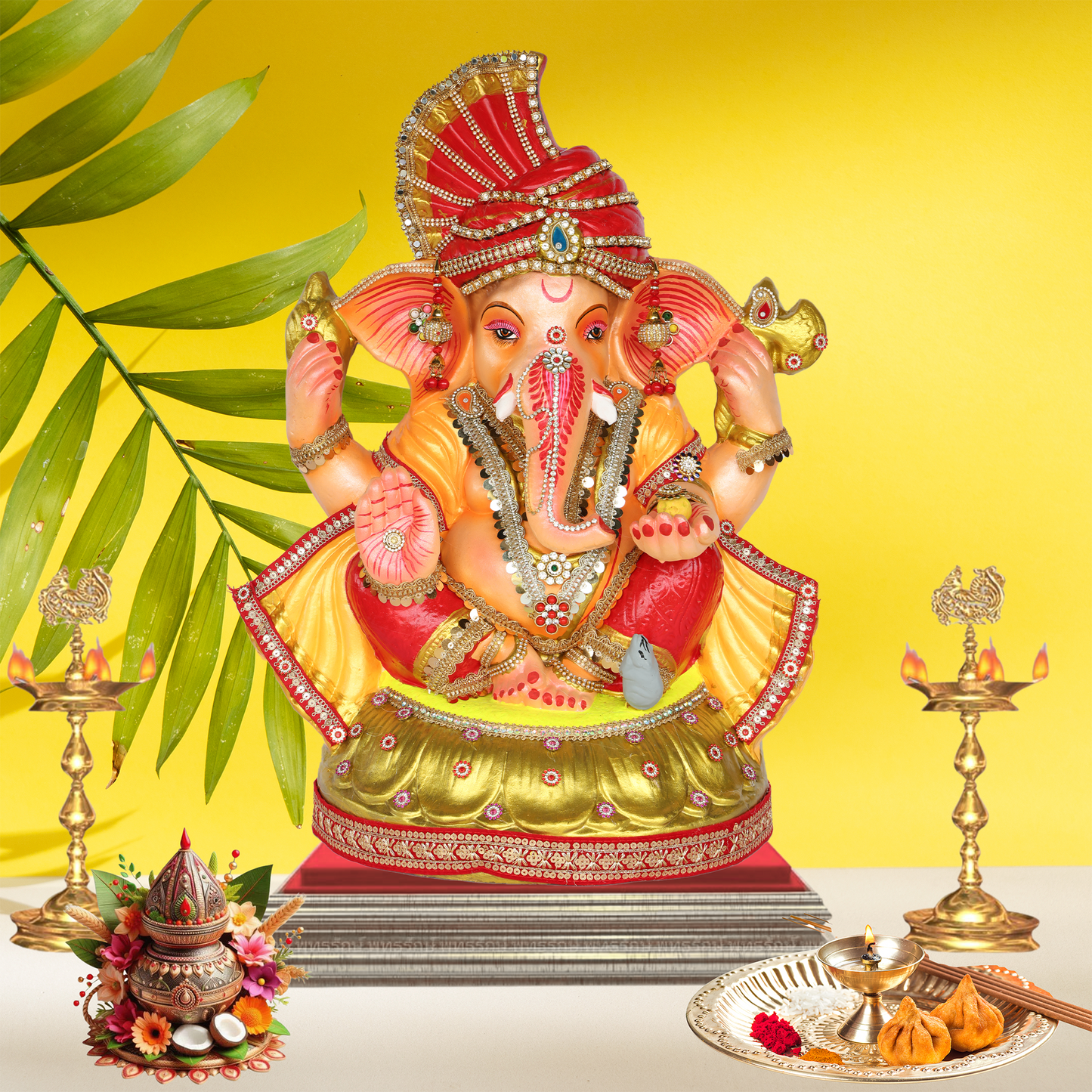 23 Inch – Royal Red & Yellow Ganesha Idol | Shadu Mitti Murti with Crown Pagdi & Golden Base