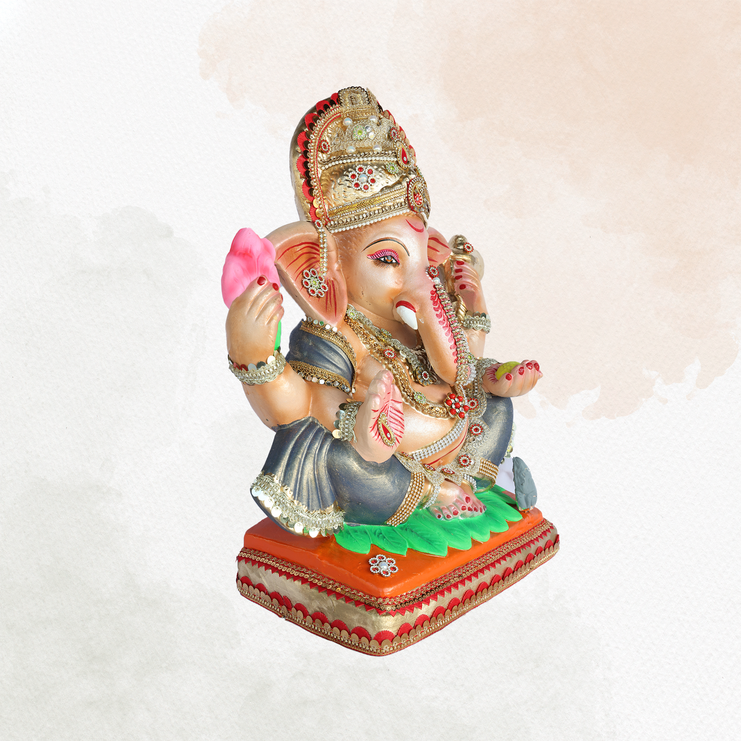 19 Inch – Regal Seated Grey Ganesha Idol with Lotus in Hand | Shadu Mitti Eco-Friendly Murti in Metallic Grey Attire with Royal Crown & Mouse on Base