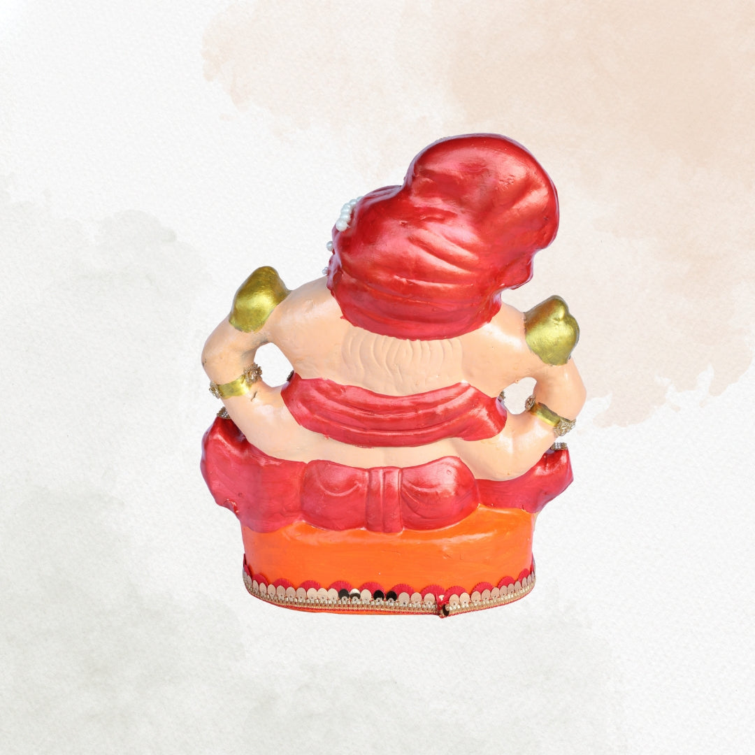 14 Inch – Traditional Seated Ganesha Idol in Red Attire with Red Pagdi | Eco-Friendly Shadu Mitti Murti Holding Shivling