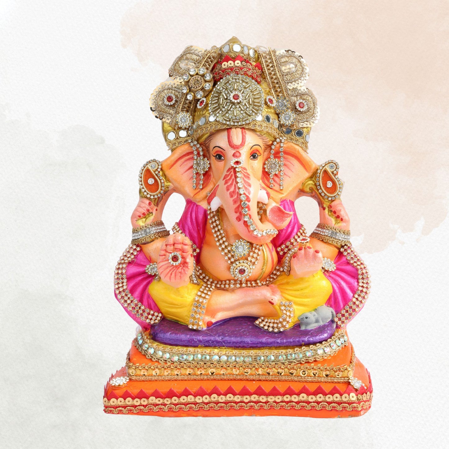 11 Inch – Vibrant Seated Ganesha Idol in Yellow Dhoti & Pink Shawl | Shadu Mitti Eco-Friendly Clay Murti with Grand Kundan Crown & Purple Base