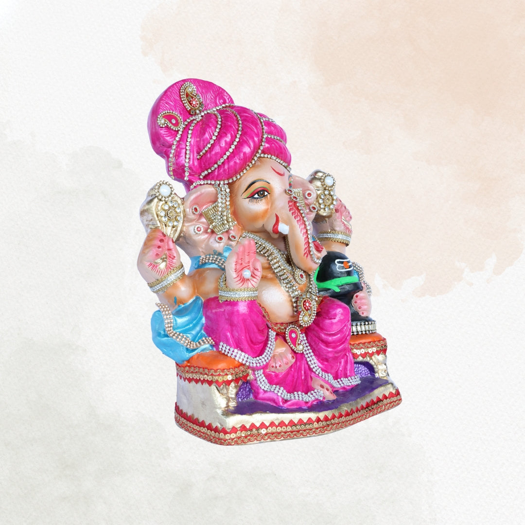 14 Inch – Vibrant Pink Attired Ganesha Idol | Shadu Mitti Clay Murti with Bright Pink Pagdi & Shivling Element | Eco-Friendly & Visarjan-Friendly