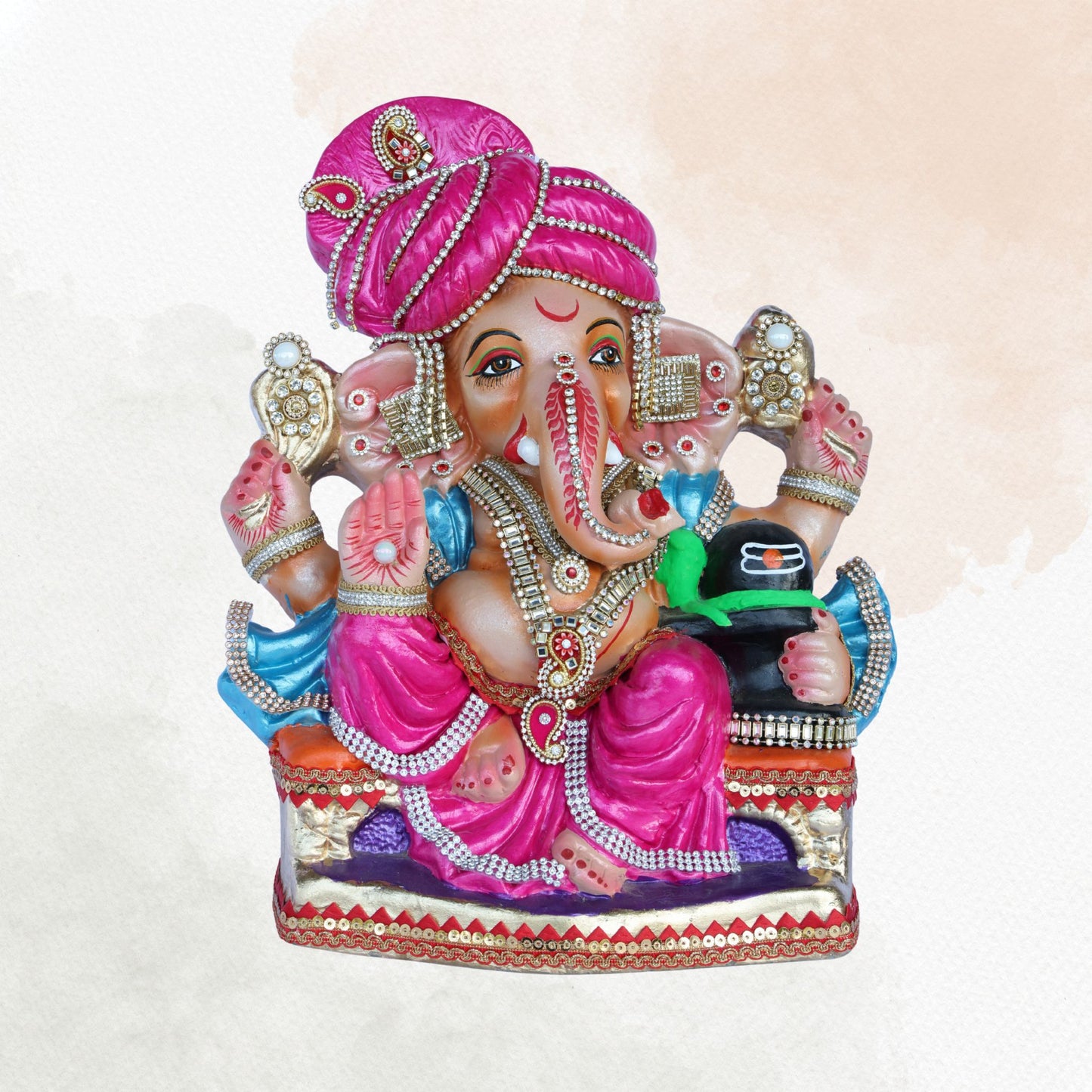 14 Inch – Vibrant Pink Attired Ganesha Idol | Shadu Mitti Clay Murti with Bright Pink Pagdi & Shivling Element | Eco-Friendly & Visarjan-Friendly