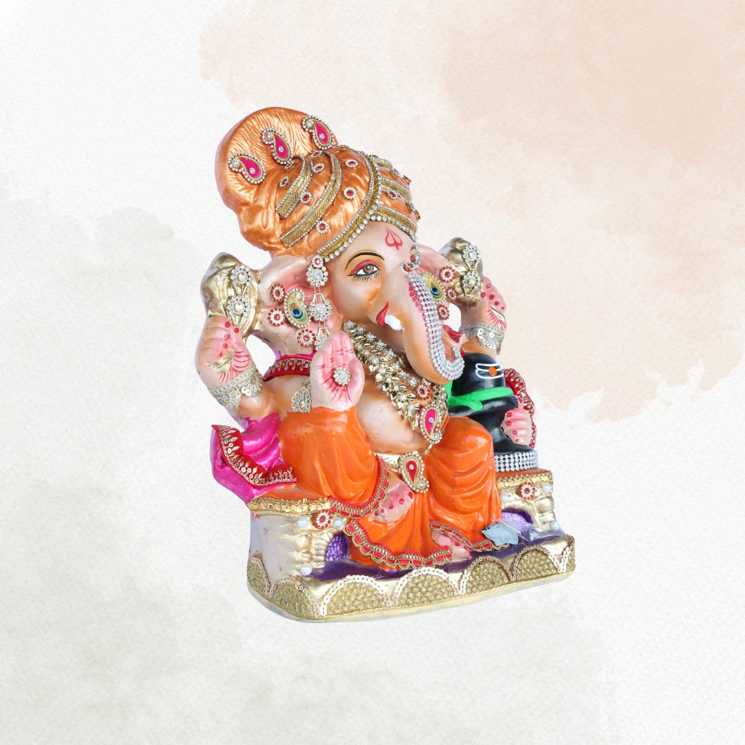 14 Inch – Divine Ganesha Idol in Orange Attire | Shadu Mitti Clay Murti with Gold Pagdi & Shivling | Eco-Friendly & Visarjan-Friendly