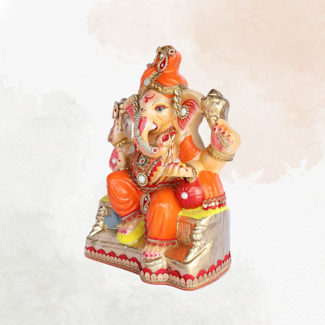 13 Inch – Regal Seated Ganesha Idol in Orange Attire – Shadu Mitti Clay Murti with Red Pagdi & Stone Work
