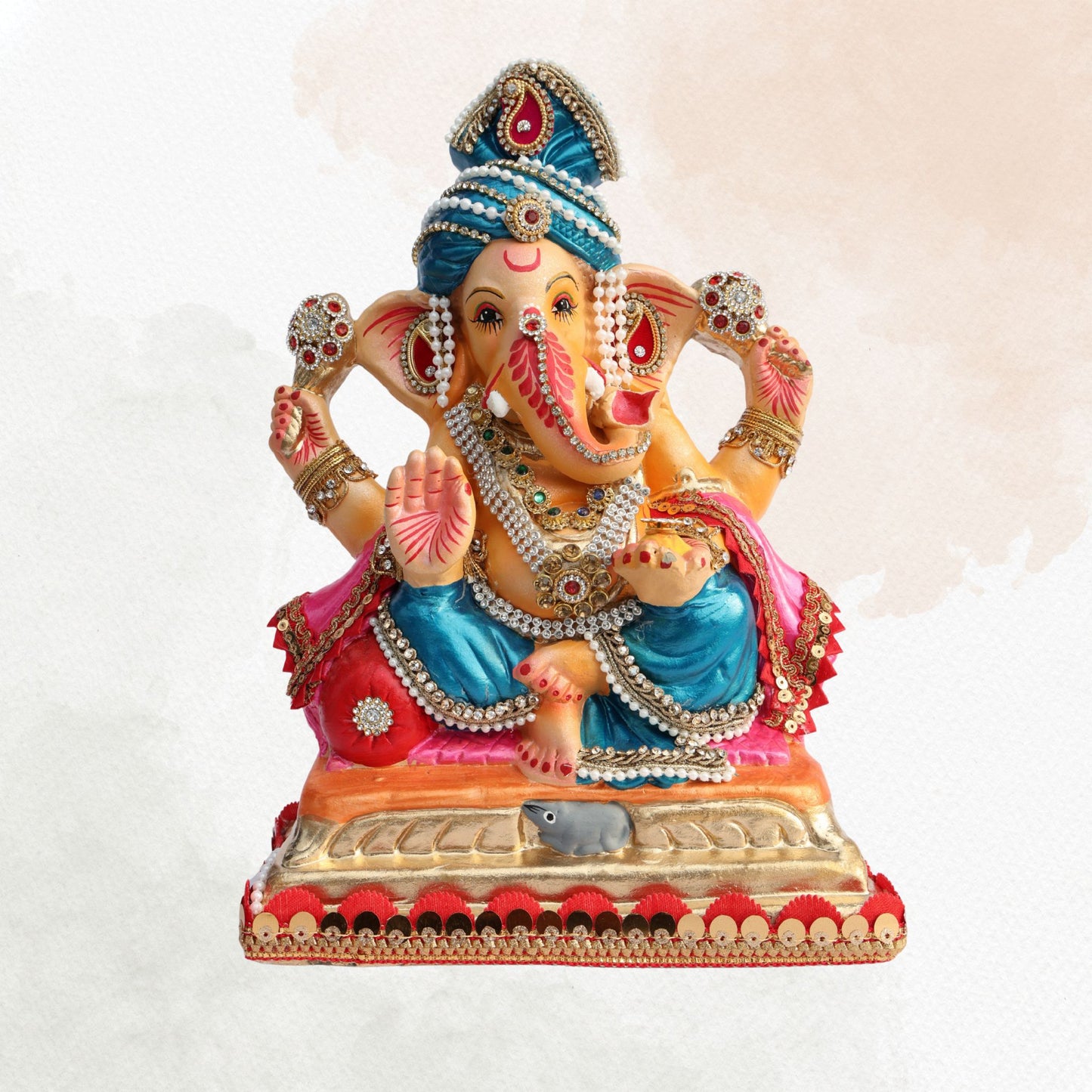 11 Inch – Elegant Seated Ganesha Idol in Blue Dhoti & Pink Shawl | Shadu Mitti Eco-Friendly Murti with Pearl-Adorned Crown & Rich Decorative Finish