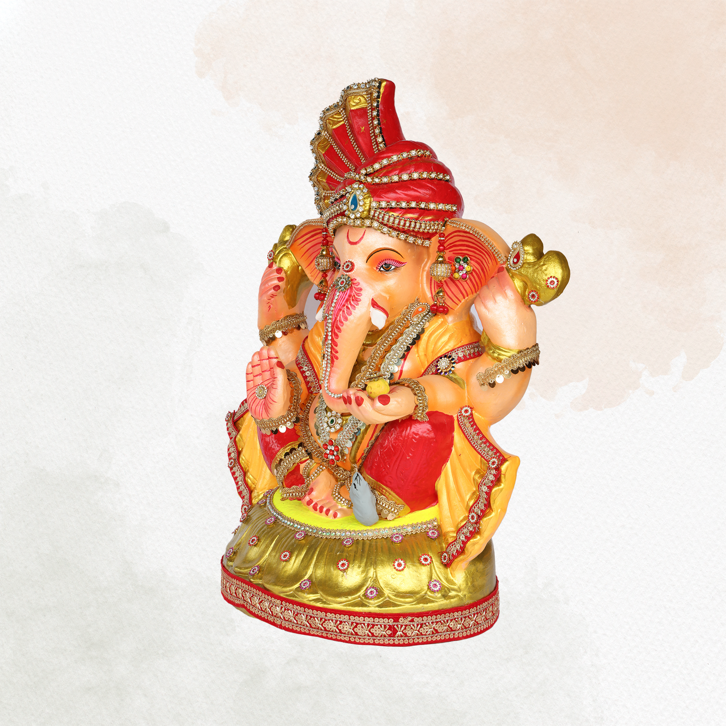 23 Inch – Royal Red & Yellow Ganesha Idol | Shadu Mitti Murti with Crown Pagdi & Golden Base