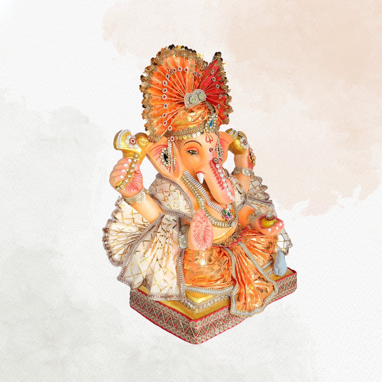 19 Inch – Grand Seated Ganesha Idol in Orange Foil Attire – Shadu Mitti Clay Murti with Designer Fan Mukut & Stone Work
