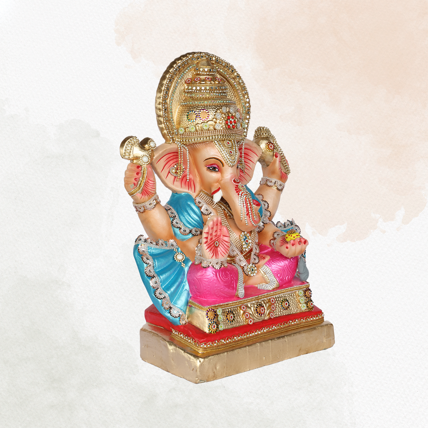 25 Inch – Majestic Ganesha Idol in Blue & Pink Attire | Shadu Mitti Clay Murti with Ornate Golden Crown & Blessing Pose
