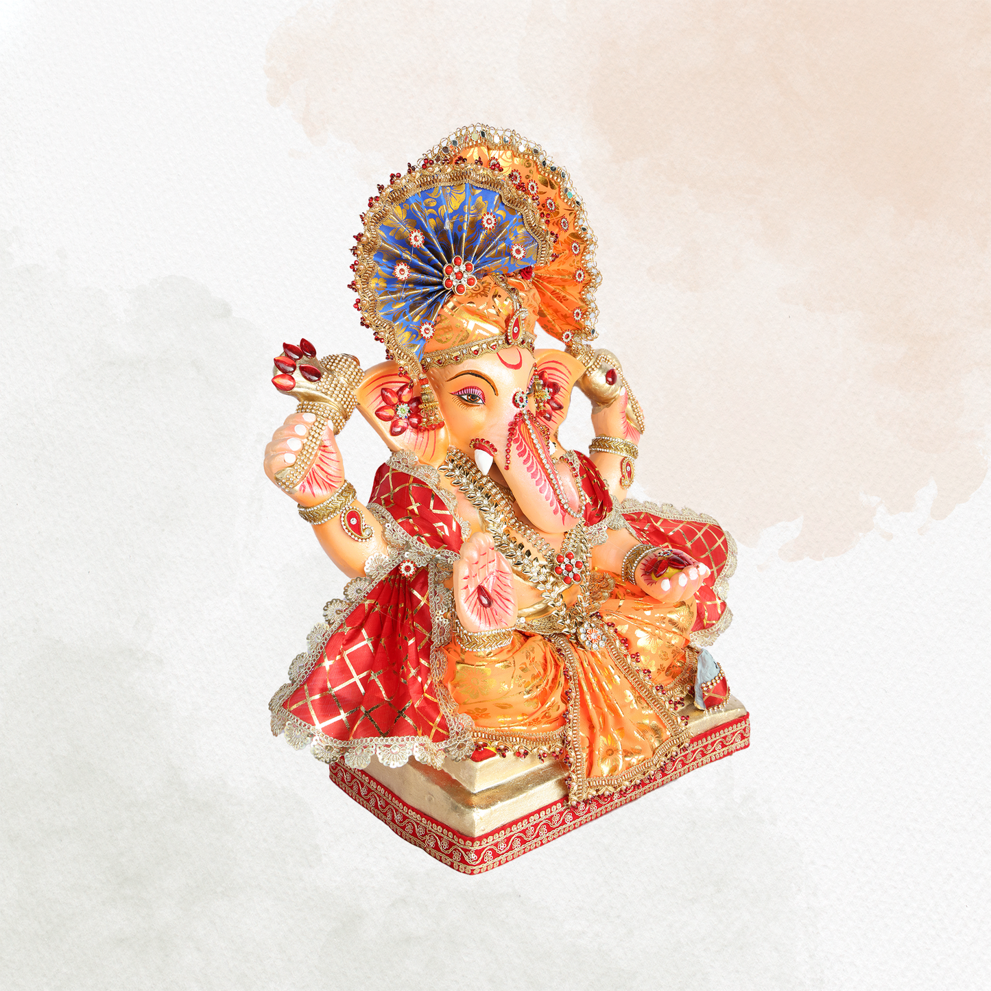 19 Inch – Grand Red & Orange Ganesha Idol with Designer Fan Crown | Shadu Mitti Eco-Friendly Murti with Modak