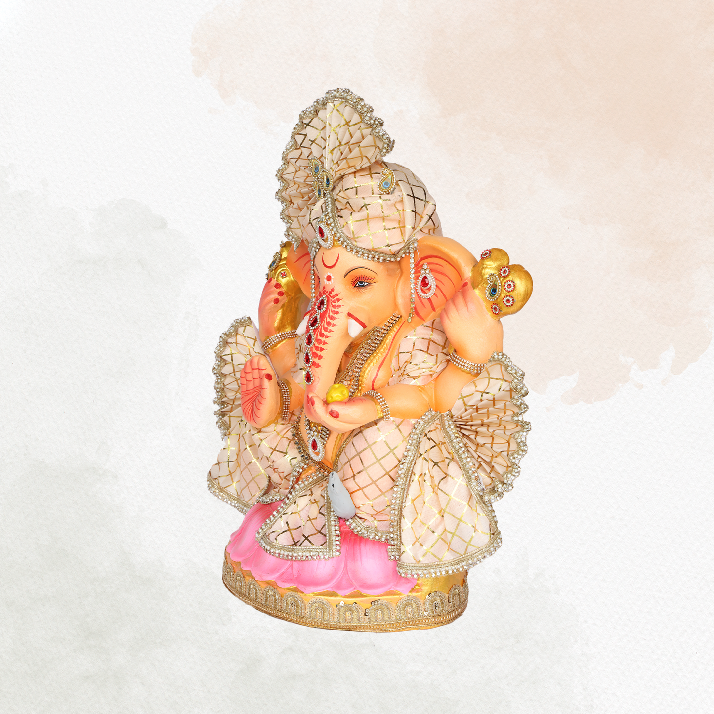 23 Inch – Elegant Seated Ganesha Idol in Cream-Gold Attire | Shadu Mitti Eco-Friendly Murti with Designer Pagdi & Red Gemstone Work