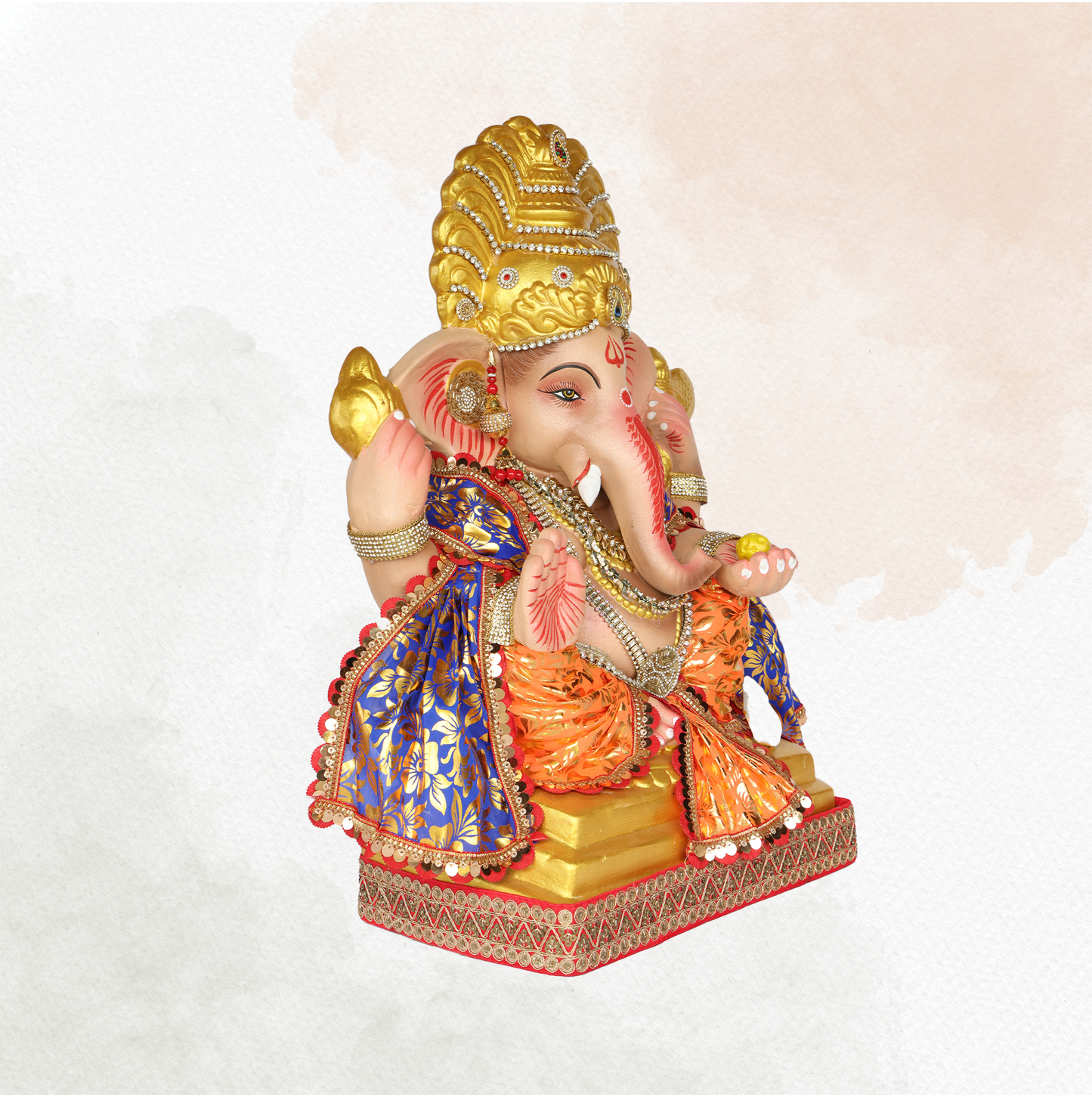 23 Inch – Elegant Seated Ganpati Idol in Orange & Blue Attire | Shadu Mitti Eco-Friendly Murti with Golden Crown & Traditional Floral Dupatta