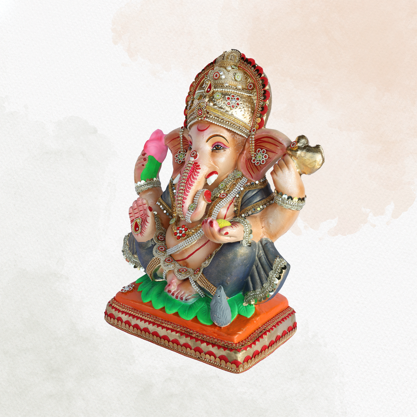 19 Inch – Regal Seated Grey Ganesha Idol with Lotus in Hand | Shadu Mitti Eco-Friendly Murti in Metallic Grey Attire with Royal Crown & Mouse on Base