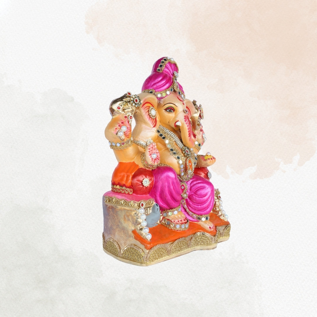 13 Inch – Pink Attire & Kundan Work Ganesha Idol | Eco-Friendly Clay Murti Sitting on Throne
