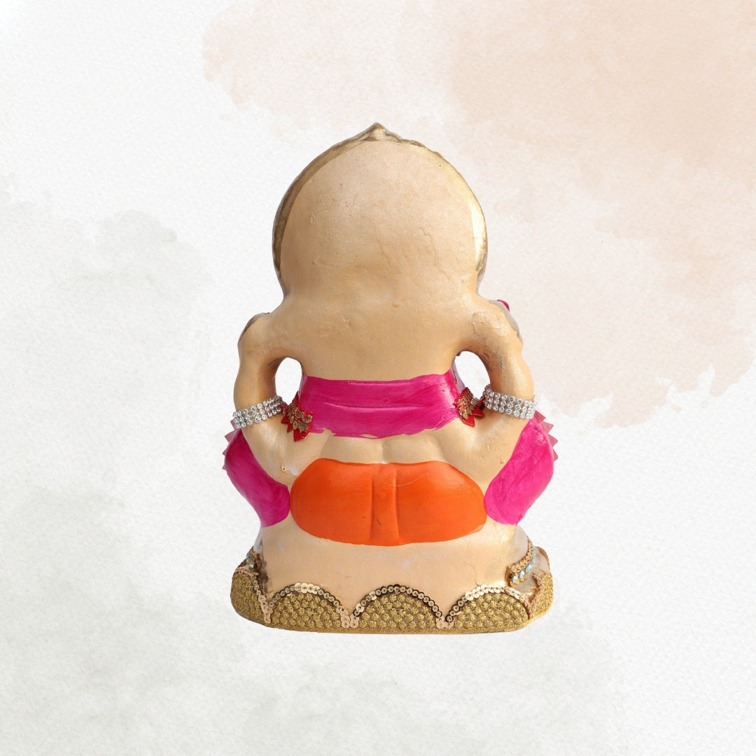 11 Inch – Royal Ganesha Idol in Orange Attire & Pink Shawl | Shadu Mitti Murti with Golden Crown & Beaded Embellishments
