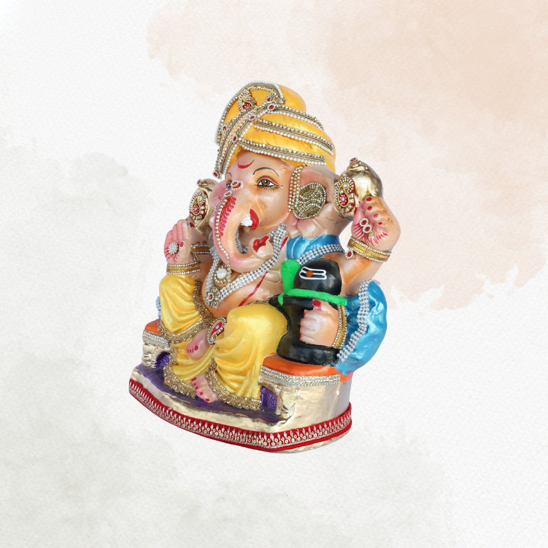 14 Inch – Elegant Ganesha Idol in Yellow Dhoti | Shadu Mitti Murti with Golden Pagdi & Shivling | Eco-Friendly Visarjan Idol