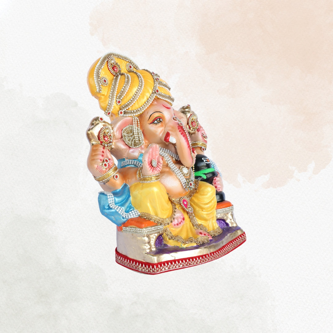 14 Inch – Elegant Ganesha Idol in Yellow Dhoti | Shadu Mitti Murti with Golden Pagdi & Shivling | Eco-Friendly Visarjan Idol