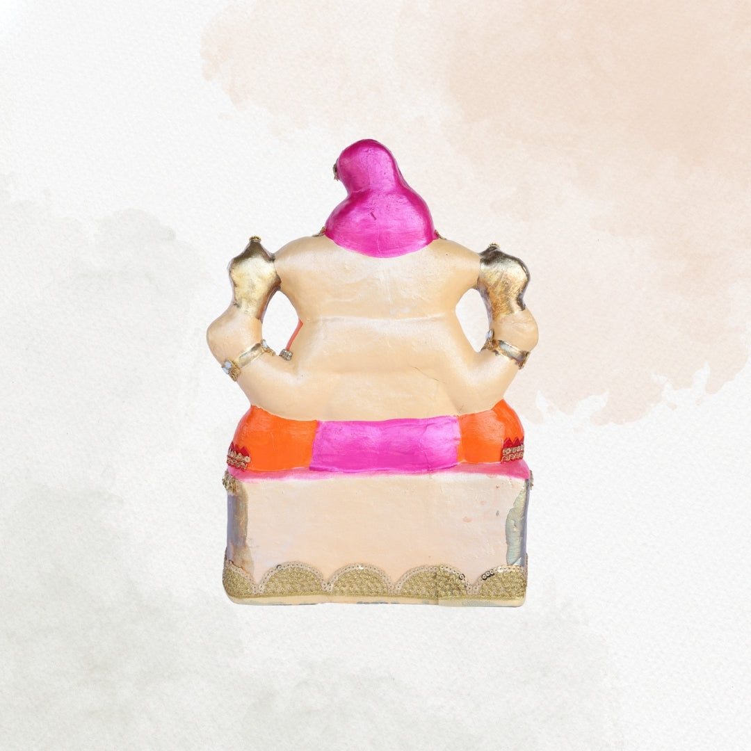 13 Inch – Pink Attire & Kundan Work Ganesha Idol | Eco-Friendly Clay Murti Sitting on Throne