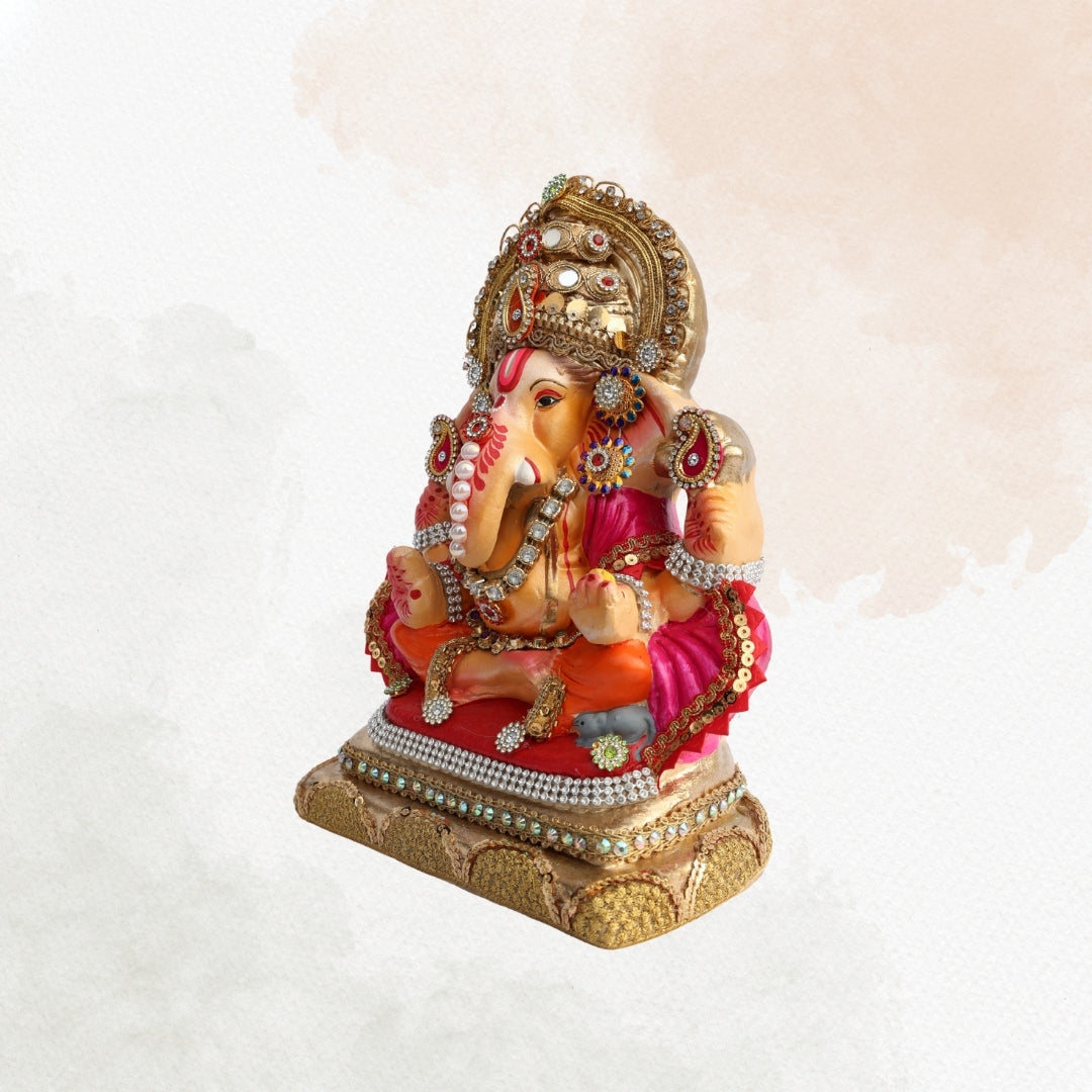 11 Inch – Royal Ganesha Idol in Orange Attire & Pink Shawl | Shadu Mitti Murti with Golden Crown & Beaded Embellishments