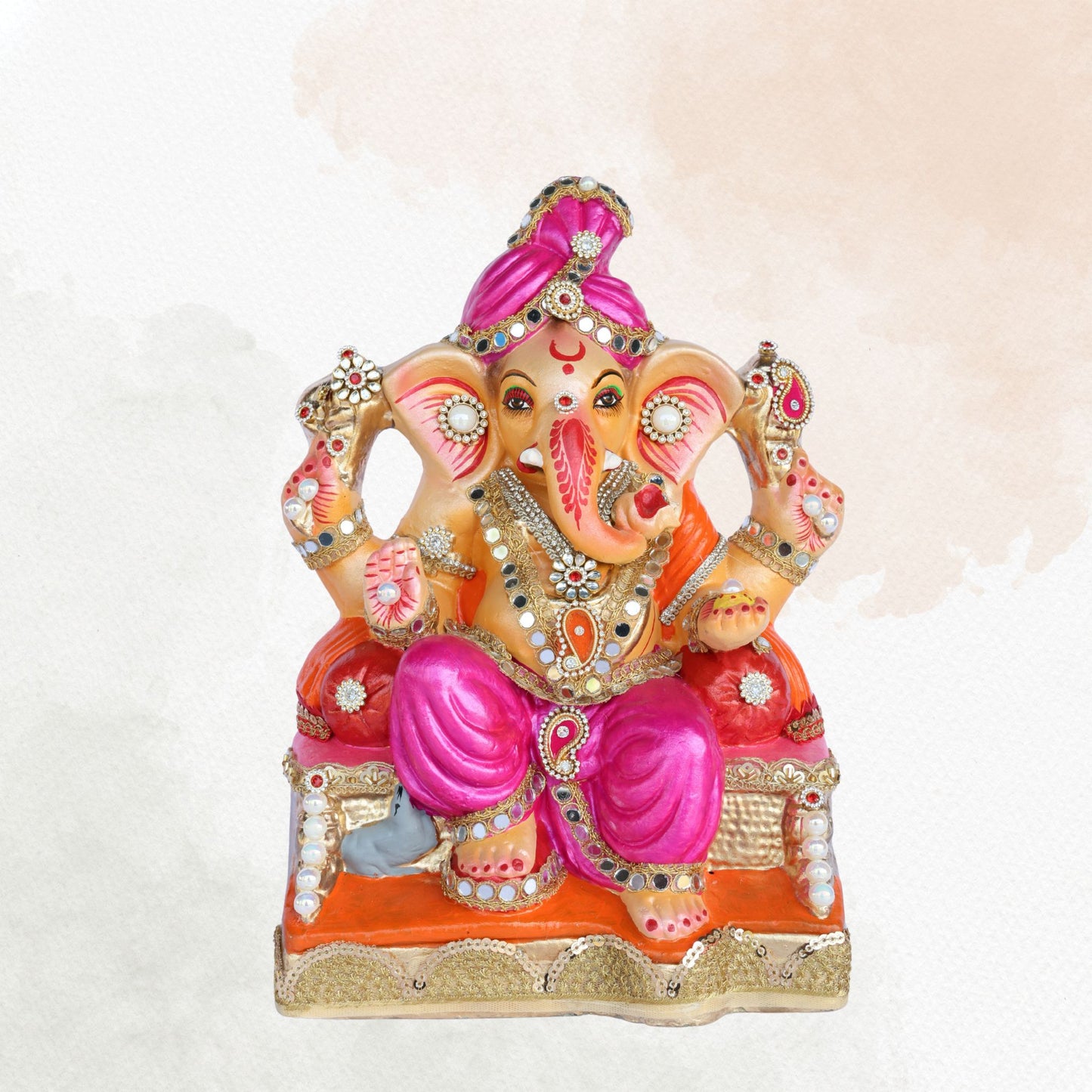 13 Inch – Pink Attire & Kundan Work Ganesha Idol | Eco-Friendly Clay Murti Sitting on Throne