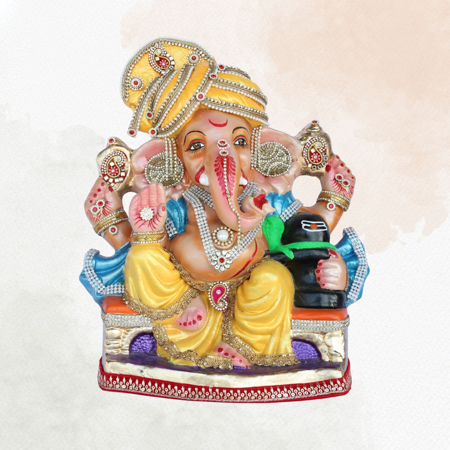 14 Inch – Elegant Ganesha Idol in Yellow Dhoti | Shadu Mitti Murti with Golden Pagdi & Shivling | Eco-Friendly Visarjan Idol