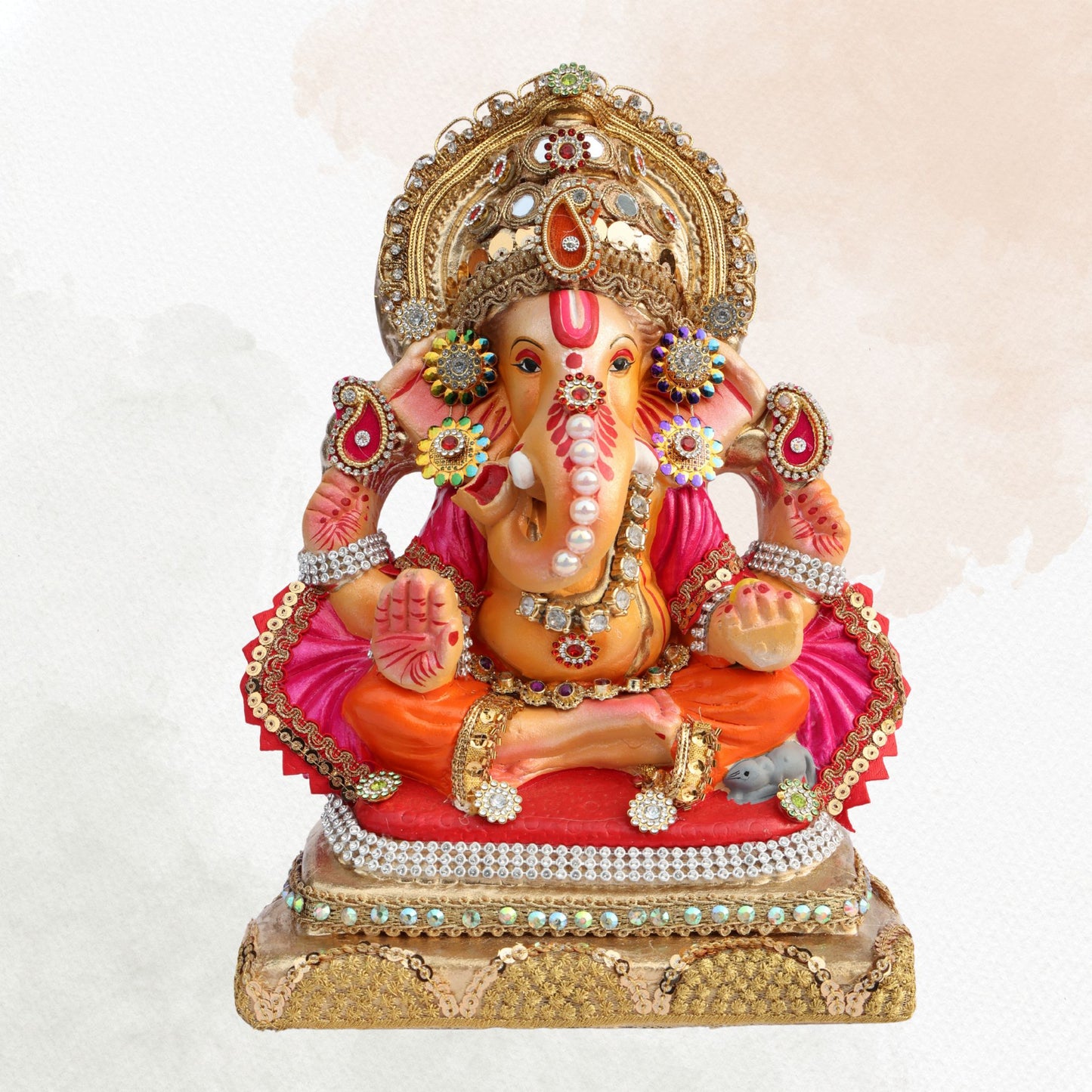 11 Inch – Royal Ganesha Idol in Orange Attire & Pink Shawl | Shadu Mitti Murti with Golden Crown & Beaded Embellishments