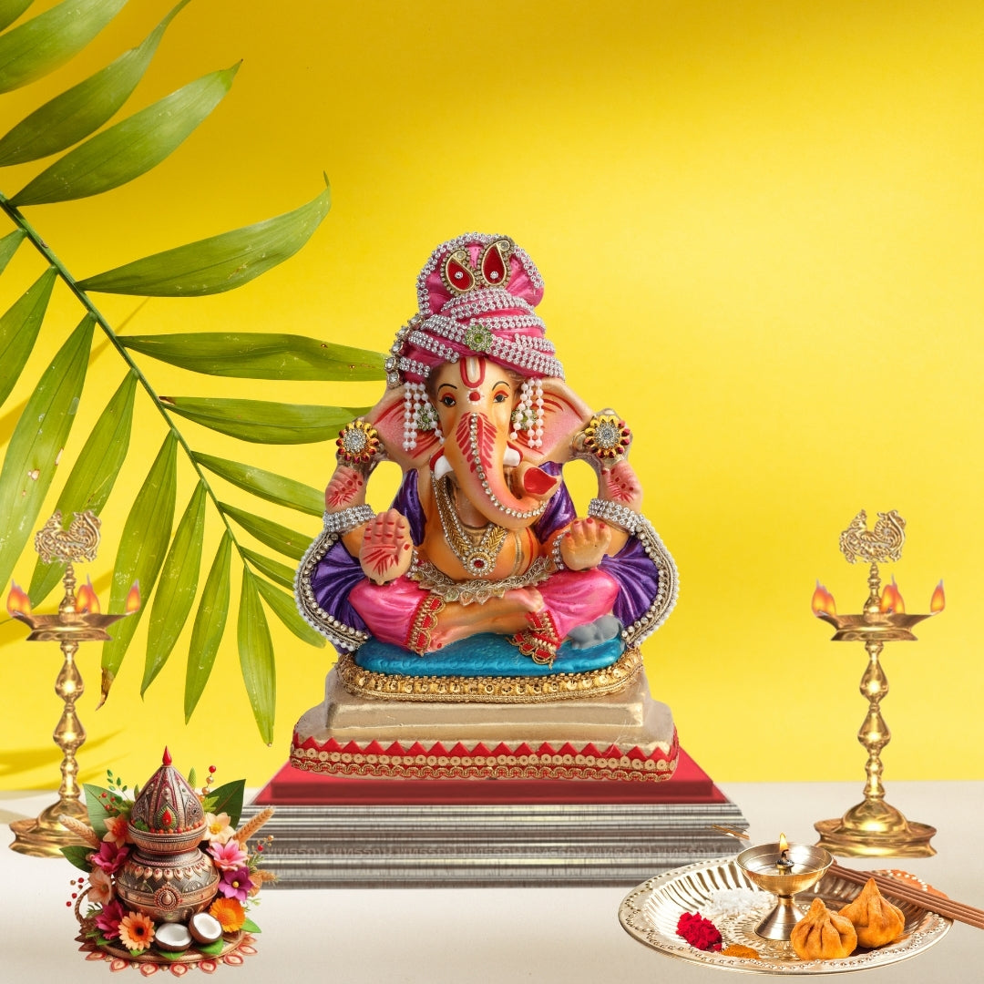 11 Inch – Traditional Pink Turban Ganesha Idol | Shadu Mitti Eco-Friendly Murti with Violet Shawl & Pearl Detailing