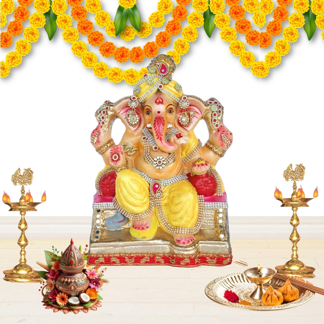 13 Inch – Eco-Friendly Shadu Mitti Lord Ganesha Idol| Yellow Attire with Kundan & Pearl Work