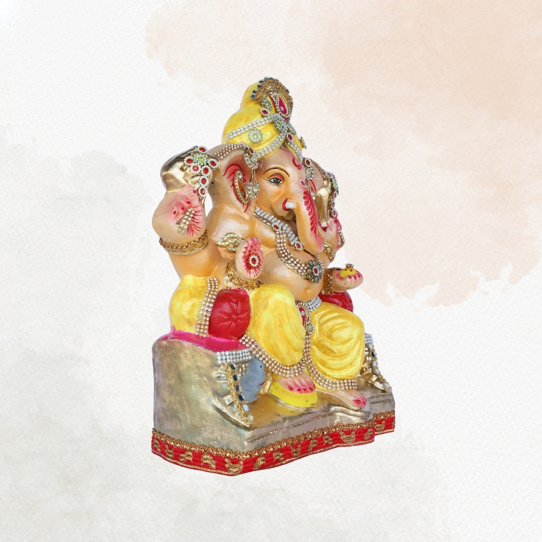 13 Inch – Eco-Friendly Shadu Mitti Lord Ganesha Idol| Yellow Attire with Kundan & Pearl Work