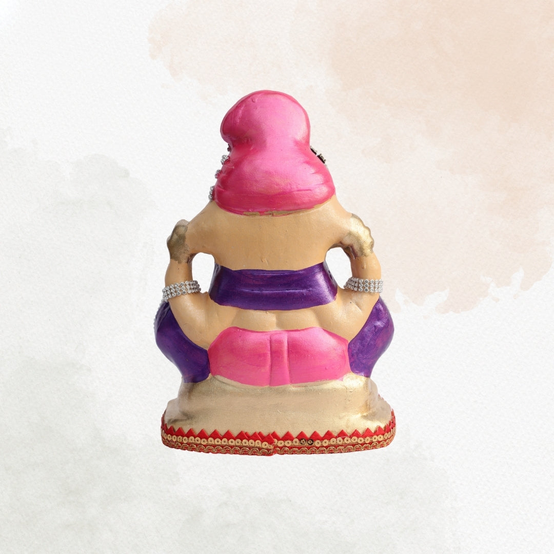 11 Inch – Traditional Pink Turban Ganesha Idol | Shadu Mitti Eco-Friendly Murti with Violet Shawl & Pearl Detailing
