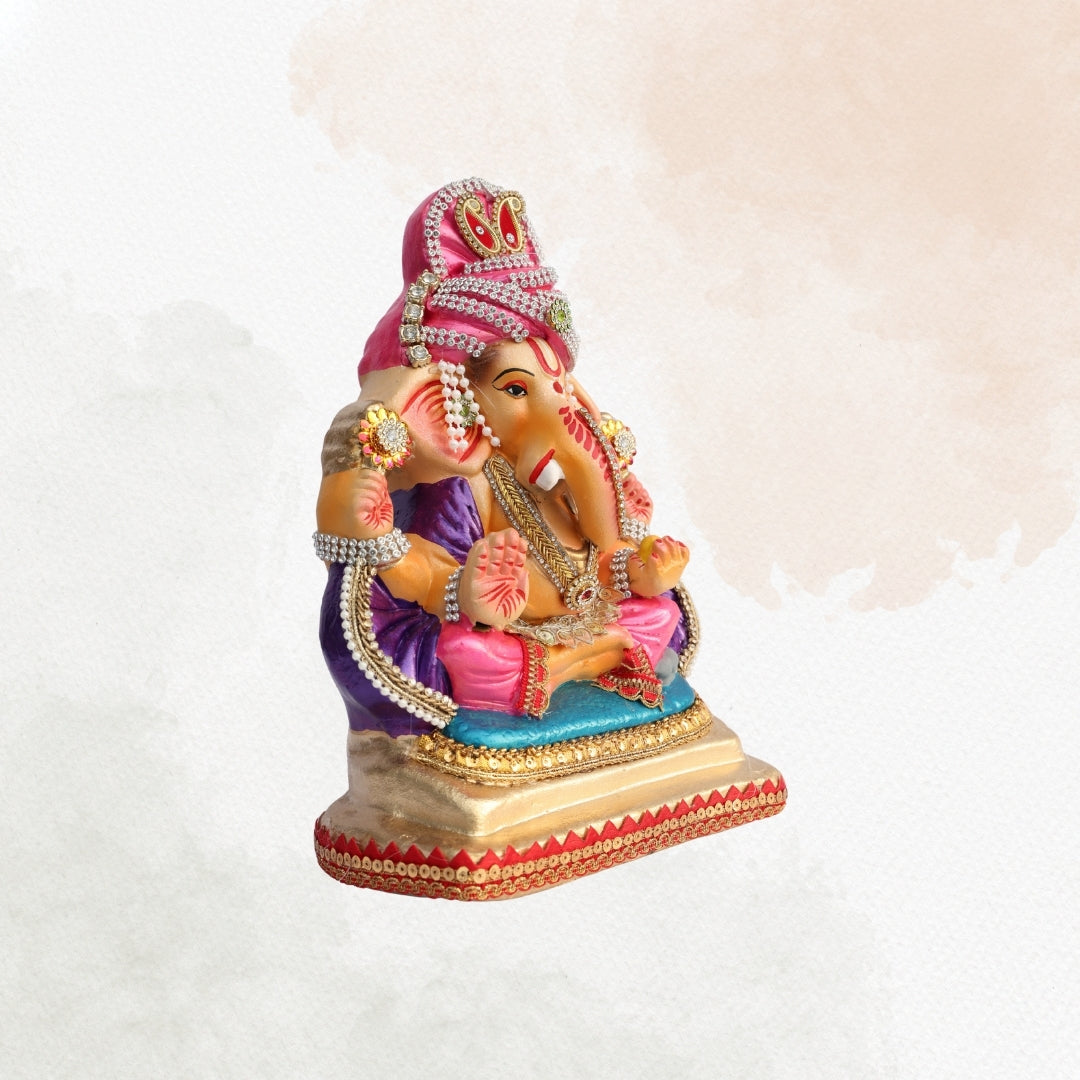 11 Inch – Traditional Pink Turban Ganesha Idol | Shadu Mitti Eco-Friendly Murti with Violet Shawl & Pearl Detailing