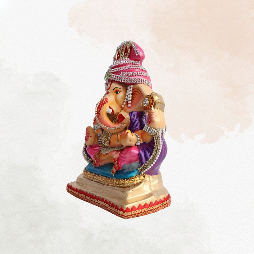 11 Inch – Traditional Pink Turban Ganesha Idol | Shadu Mitti Eco-Friendly Murti with Violet Shawl & Pearl Detailing