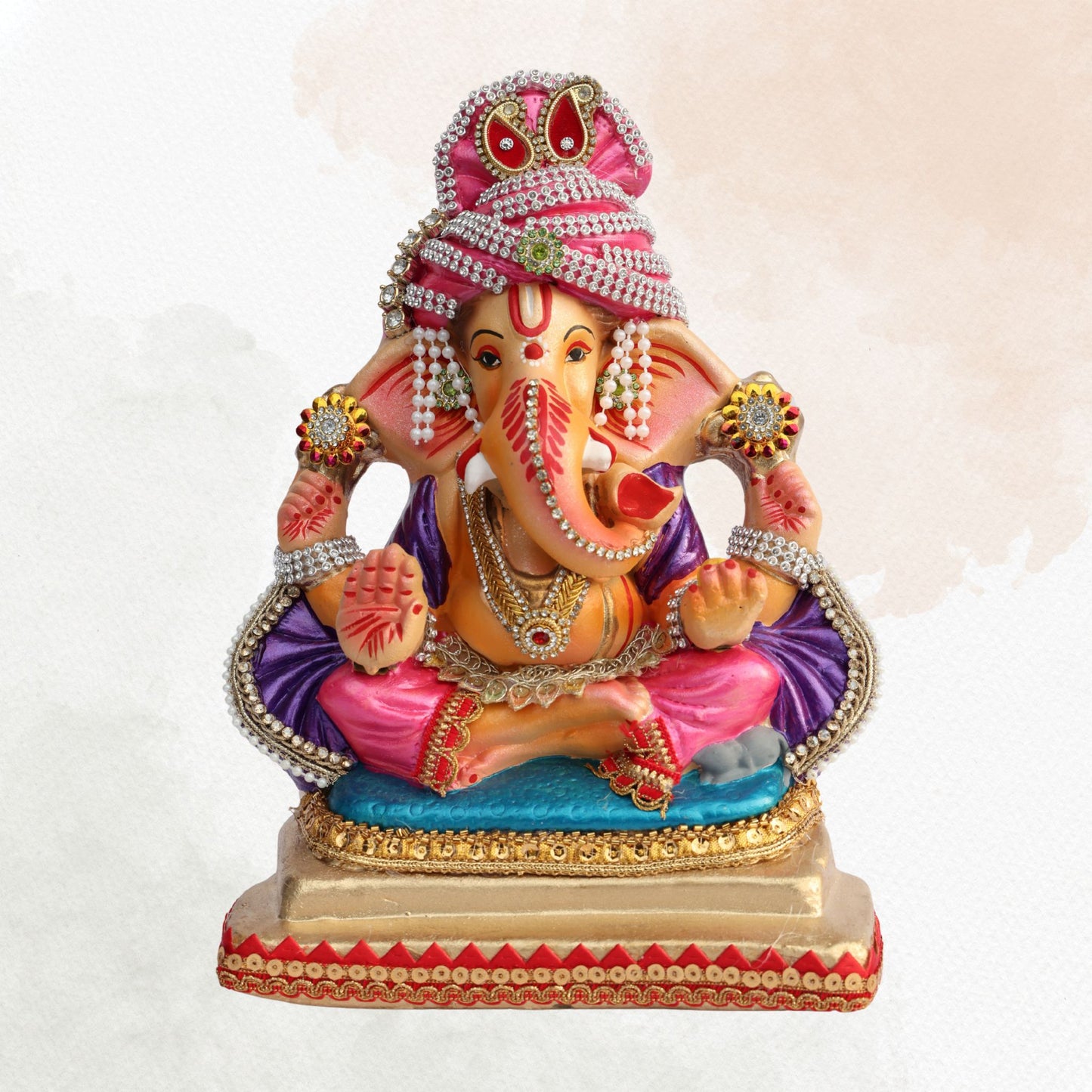 11 Inch – Traditional Pink Turban Ganesha Idol | Shadu Mitti Eco-Friendly Murti with Violet Shawl & Pearl Detailing