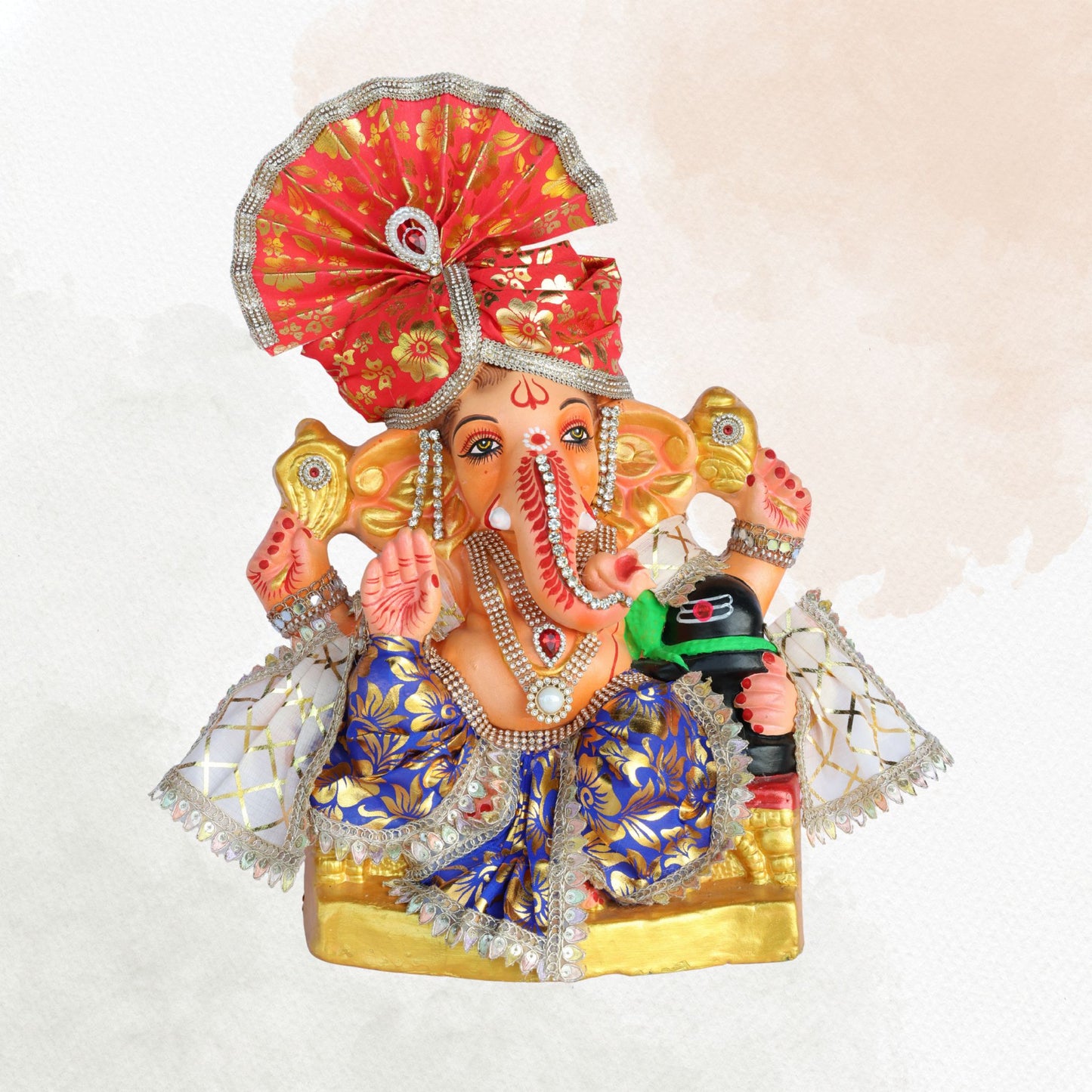 14 Inch – Royal Ganesha Idol in Blue & Gold Silk Attire | Shadu Mitti Murti with Designer Red Pheta & Shivling | Eco-Friendly Idol