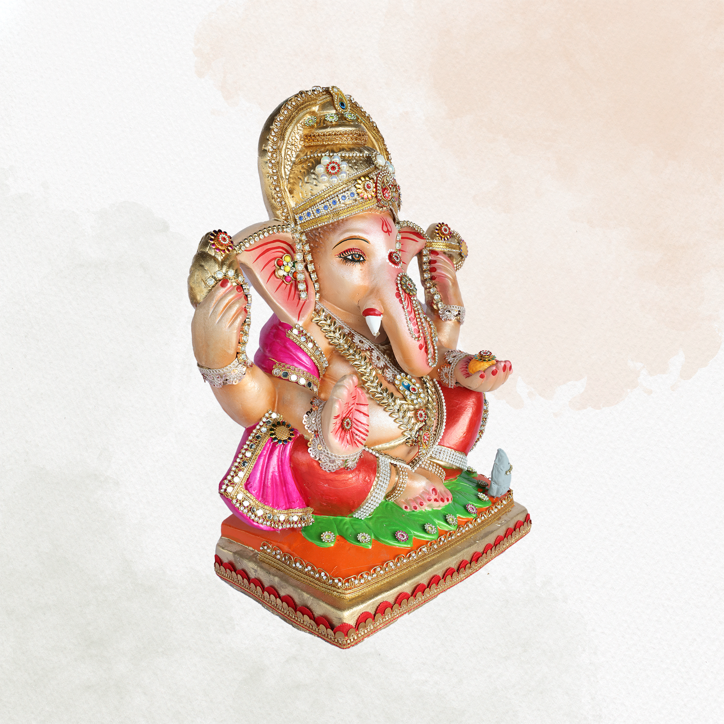 19 Inch – Divine Seated Ganesha Idol in Red Attire – Shadu Mitti Clay Murti with Golden Crown & Pink Dupatta