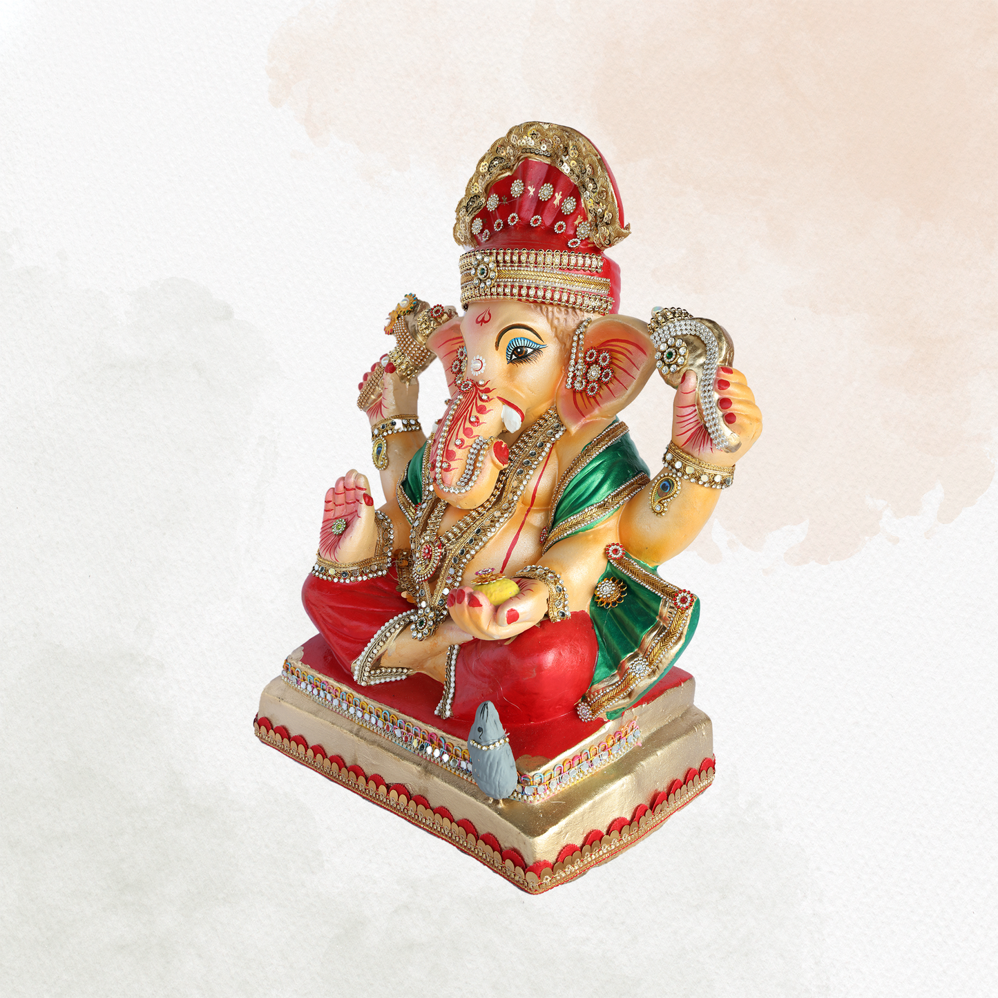 19 Inch – Traditional Seated Ganesha Idol in Red & Green Attire – Shadu Mitti Clay Murti with Red Crown & Stone Embellishments