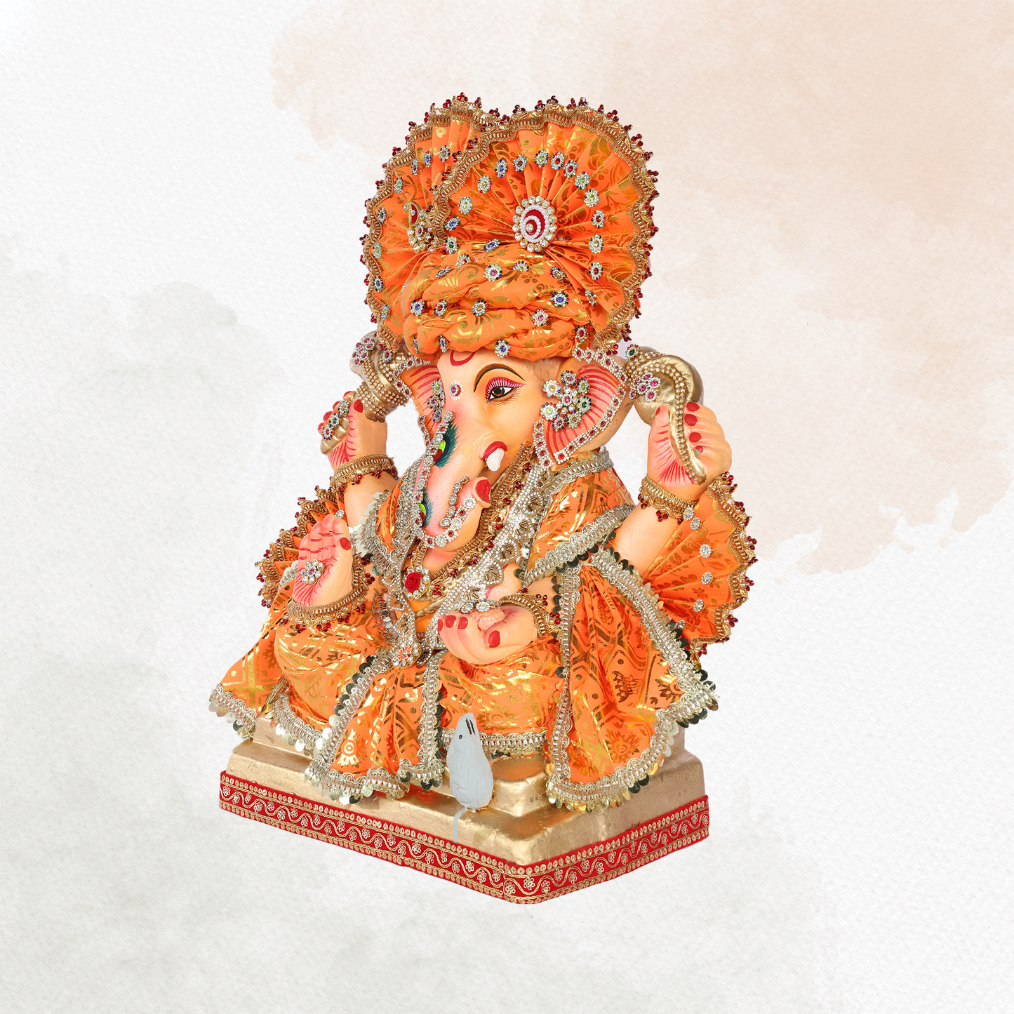 19 Inch – Regal Seated Ganesha Idol in Vibrant Orange Attire | Shadu Mitti Eco-Friendly Murti with Grand Turban & Blessing Pose