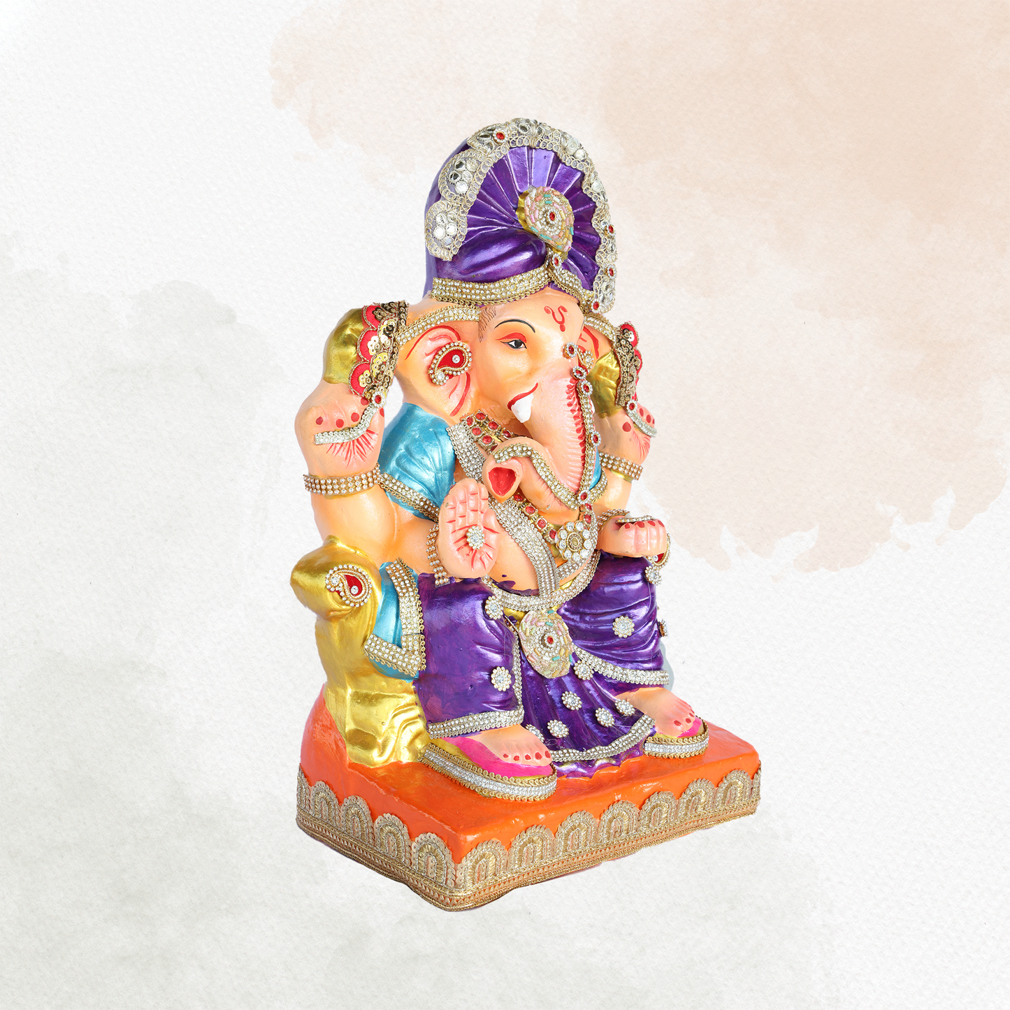 17 Inch – Royal Purple Ganpati Idol with Sky Blue Shawl & Crown | Eco-Friendly Shadu Mitti Ganesh Murti with Decorative Embellishments