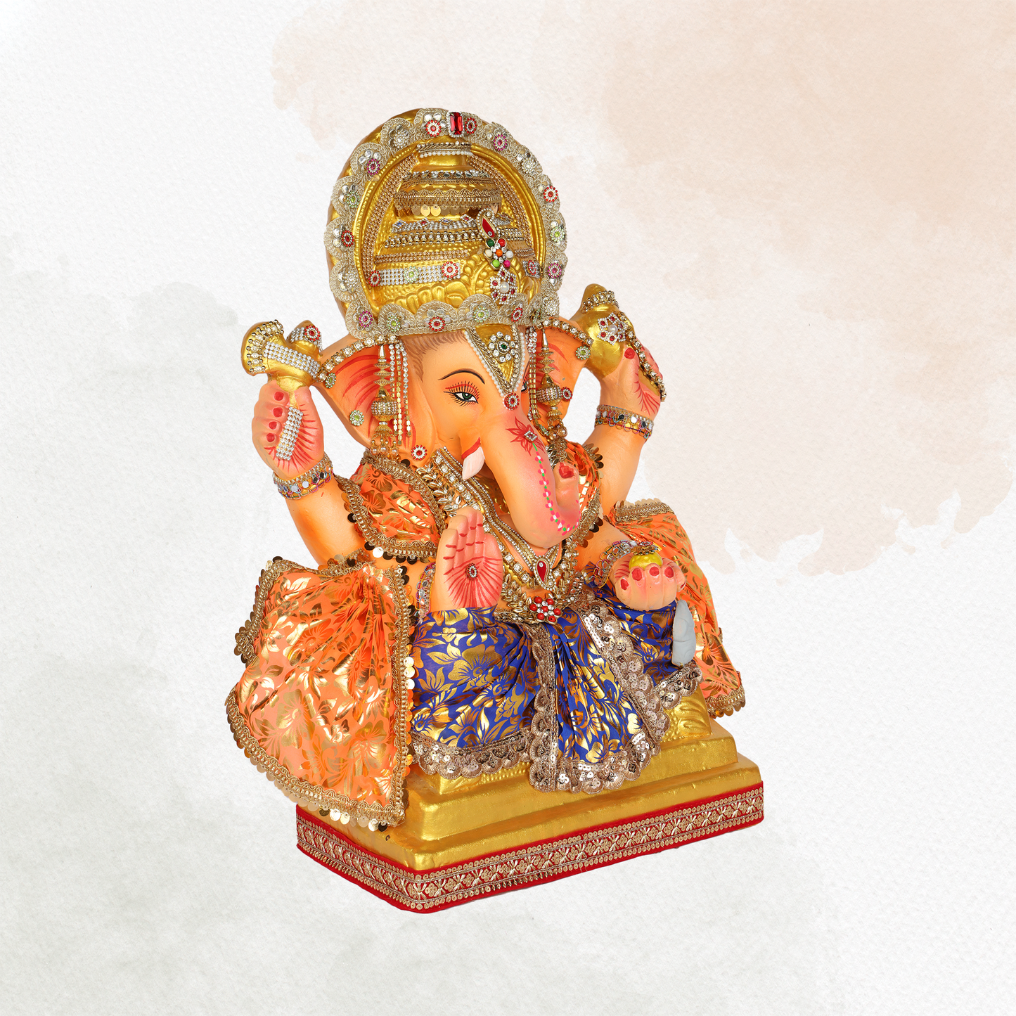 24 Inch – Royal Ganesha Idol in Blue-Gold Floral Attire | Shadu Mitti Murti with Ornate Golden Crown & Eco-Friendly Finish