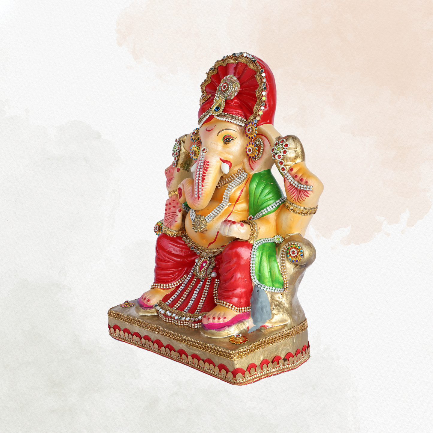 17 Inch – Royal Seated Ganesha Idol in Red Dhoti | Eco-Friendly Shadu Mitti Murti with Elegant Red Pagdi & Crystal Jewelry