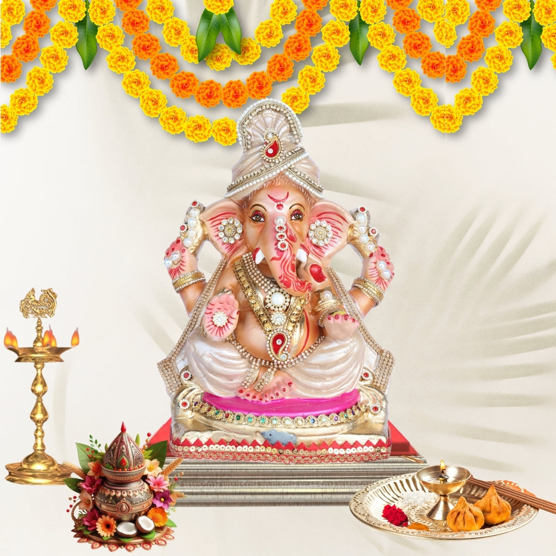 13 Inch – Ivory White Attire with Kundan & Pearl Embellishments | Eco-Friendly Shadu Mitti Lord Ganesha Idol (Copy)