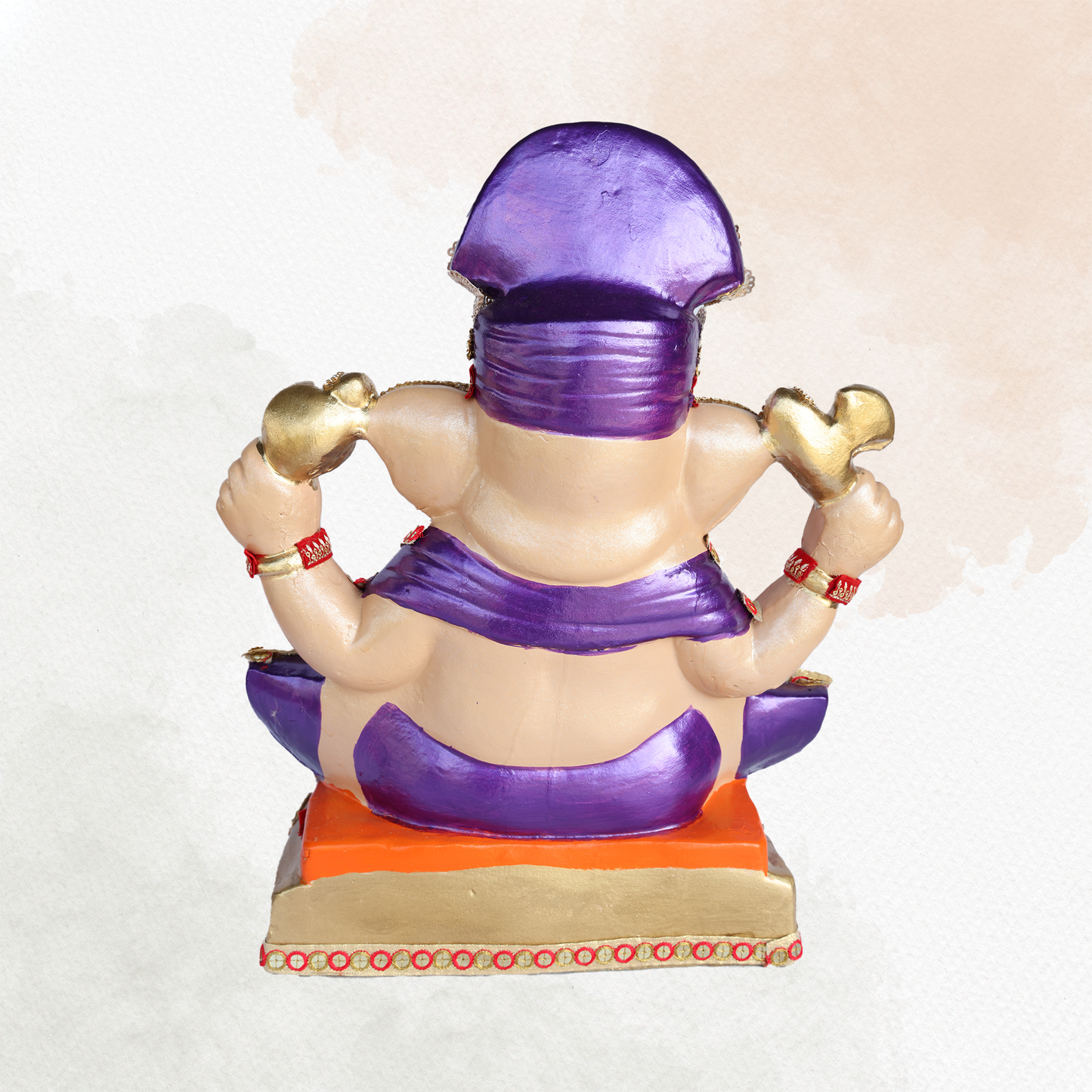 19 Inch – Divine Seated Ganesha Idol in Purple Attire – Shadu Mitti Clay Murti with Stone-Studded Crown & Orange Base