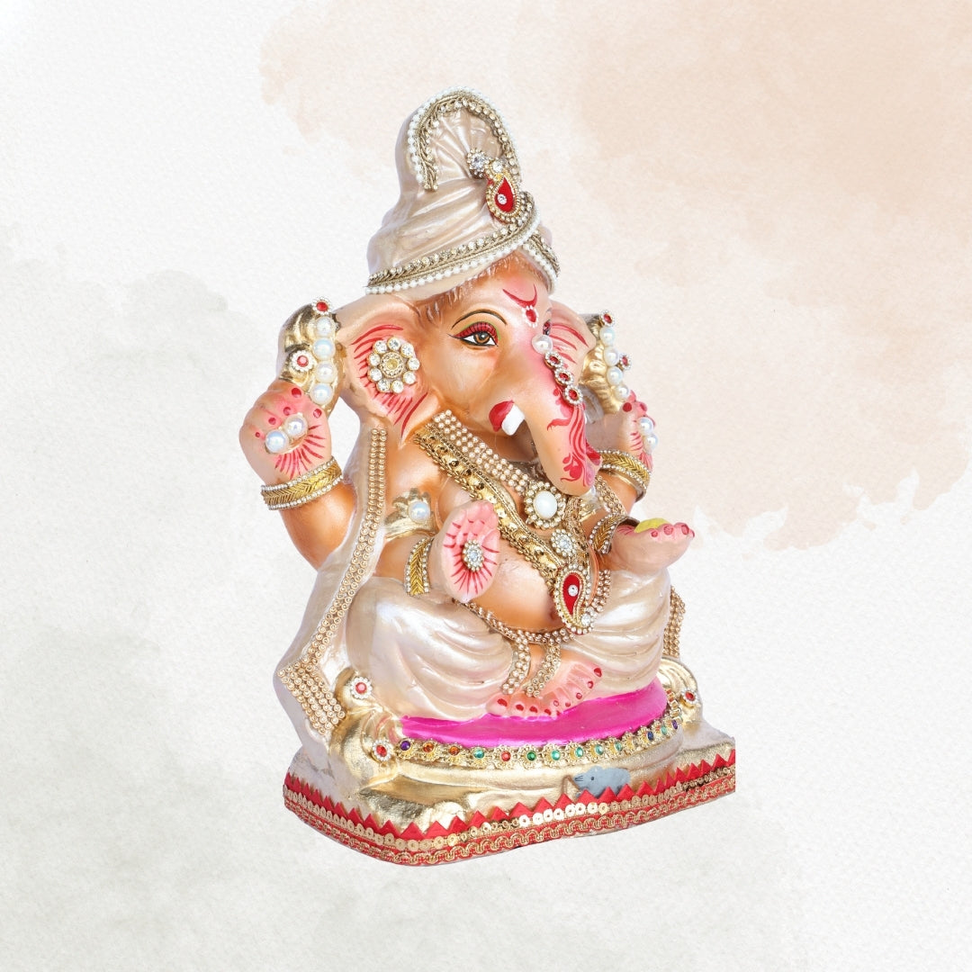 13 Inch – Ivory White Attire with Kundan & Pearl Embellishments | Eco-Friendly Shadu Mitti Lord Ganesha Idol (Copy)